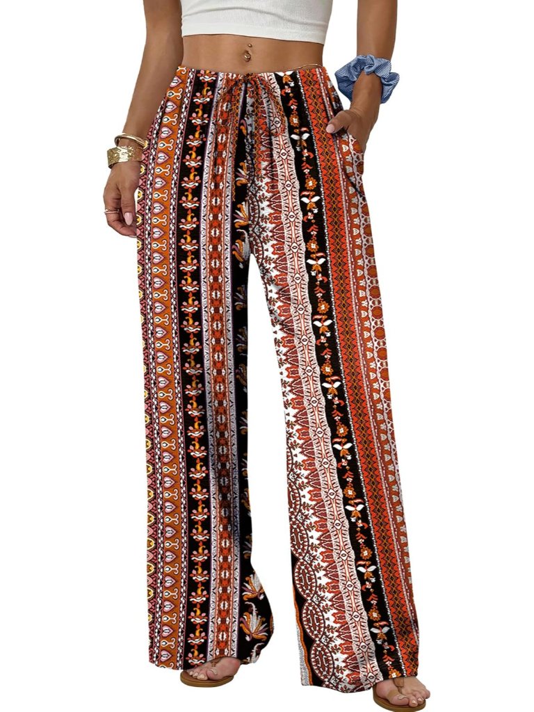 Wide Leg Pants For Women Flowy Palazzo Drawstring Elastic Waist Trousers With Po